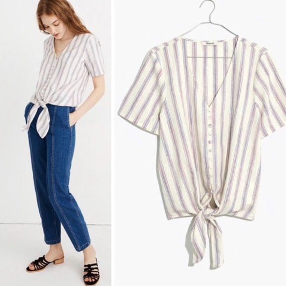 Madewell Agency Stripe Tie Front Button Top Blouse - Picture 2 of 6